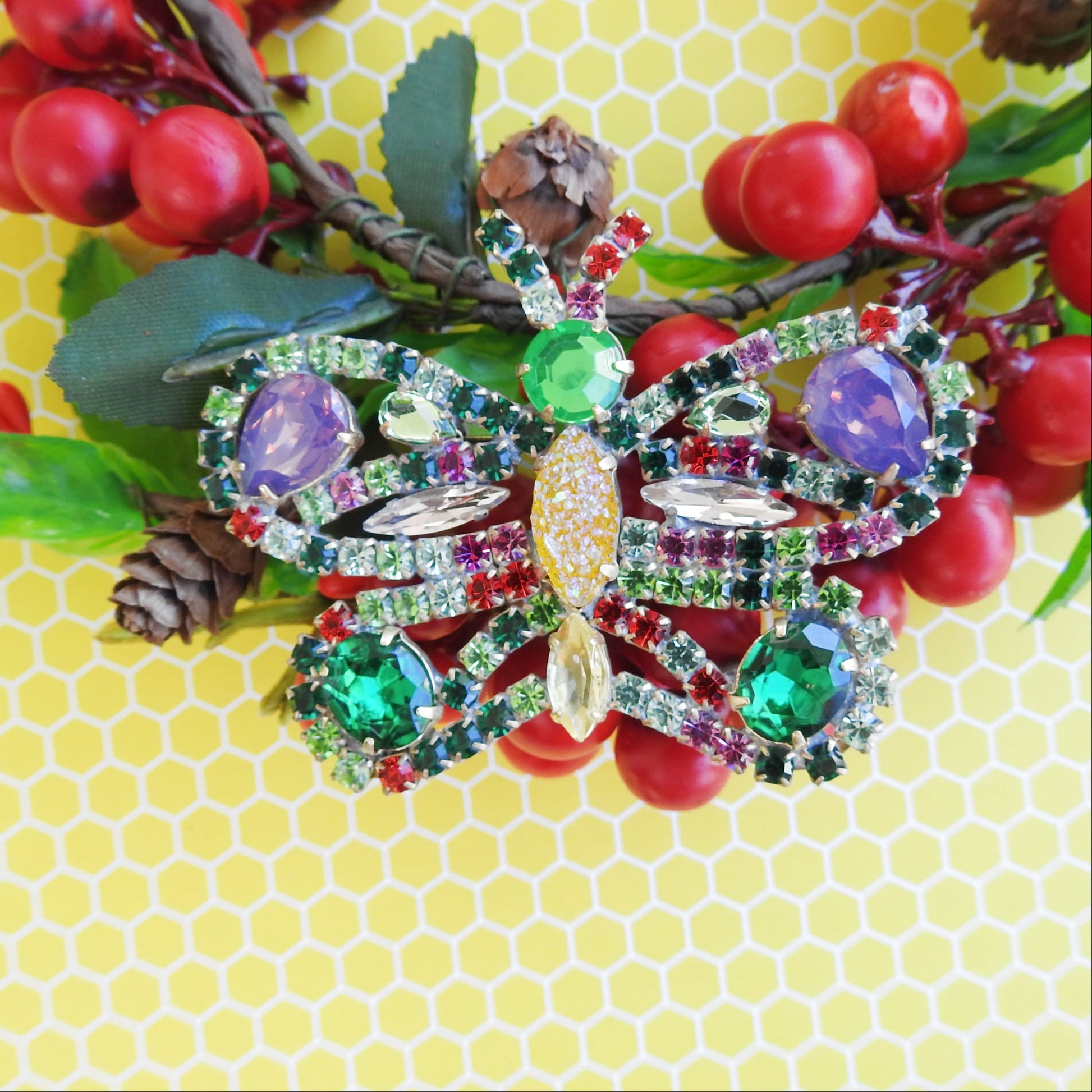 Iridescent Rhinestone Brooch, made from vintage Czech glass. green insect jewelry for women. Bumblebee Insect Anniversary Gift for her