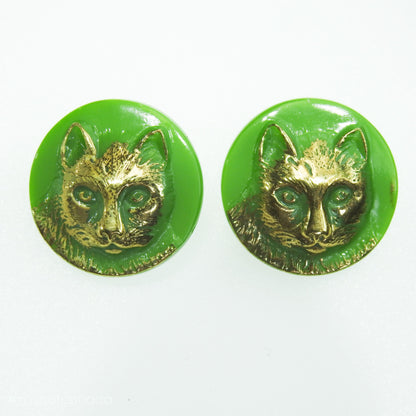 Green Czech Glass Buttons with Cat Design - Antique Style
