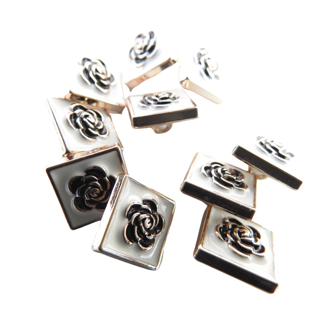 Set of 10 Decorative Camellia Buttons for sewing - Square, White, Black, with Shank (15mm) - Good for Button Earrings or Charm Bracelets