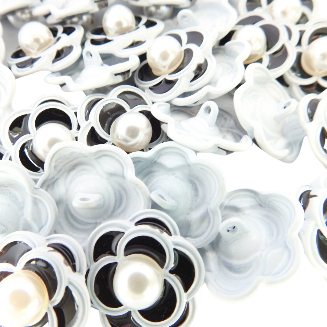 Bulk Purchase Deal: Set of 28 Fancy Camellia Flower Buttons with Pearls | Black, White, 23mm | Perfect for Home Decor, Classy Embellishments
