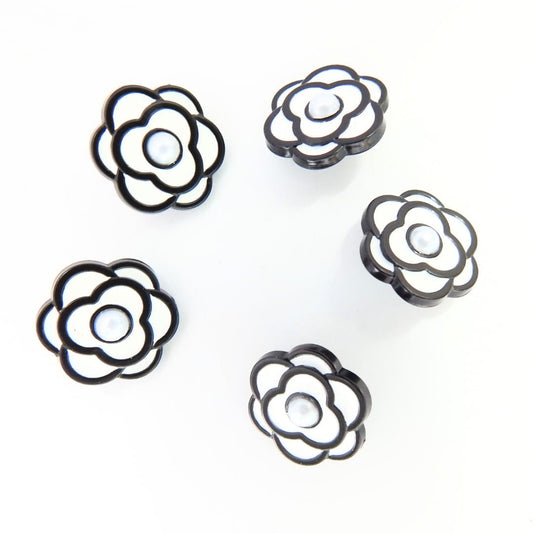 Camellia flower buttons with shank - Set of 5, 18 mm. White and black colors with a pearl in the center. For clothing: dresses, blouses.