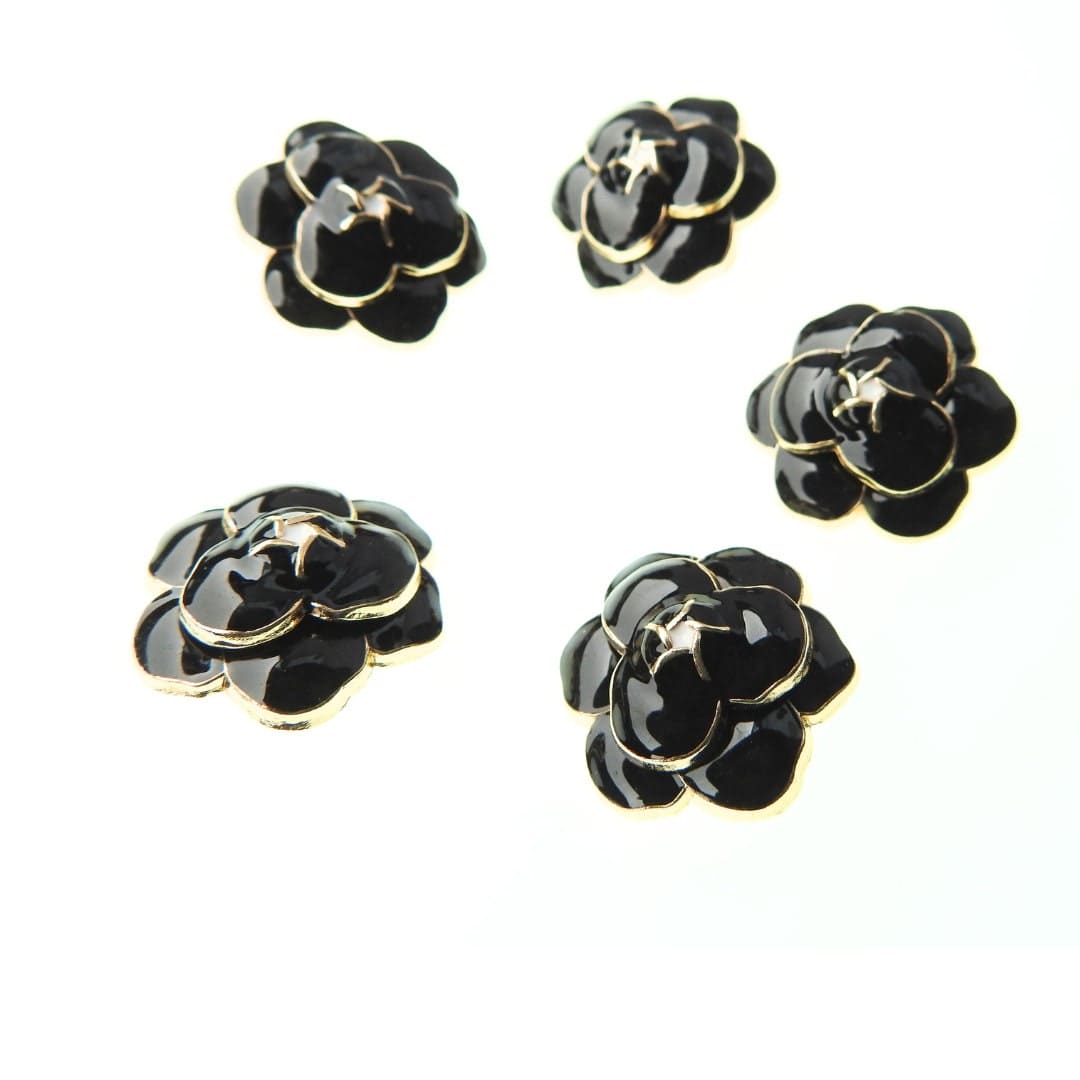 Camellia black flower buttons with a shank. Lot of 5 fancy buttons. Set of decorative embellishments to sew on. 23 mm