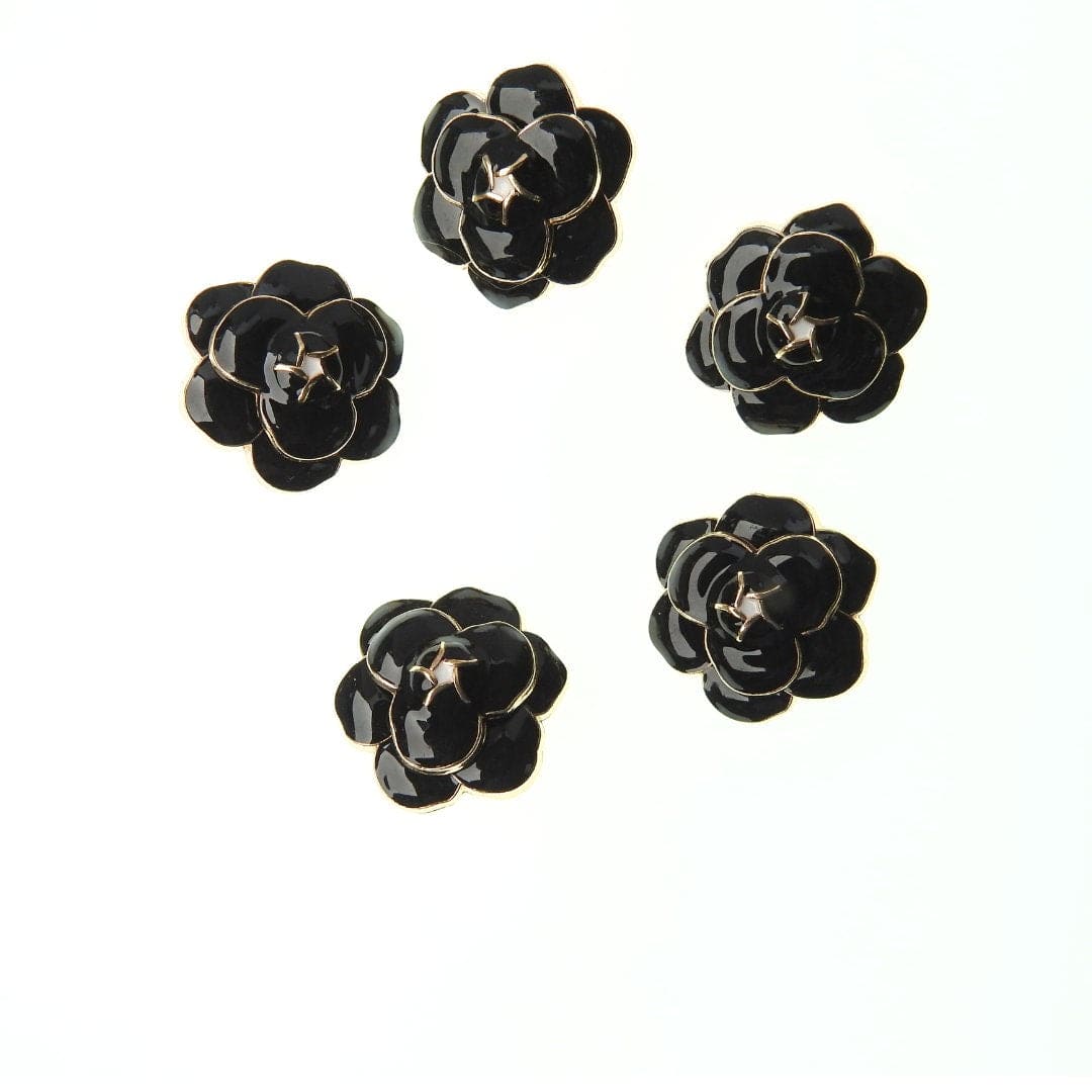 Camellia black flower buttons with a shank. Lot of 5 fancy buttons. Set of decorative embellishments to sew on. 23 mm