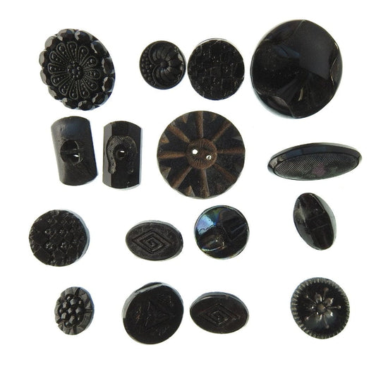 Black antique Czech glass buttons lot, with shine and luster, for sewing on clothing and jewelry. Assortment of 16 vintage buttons. 1930s