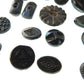 Black antique Czech glass buttons lot, with shine and luster, for sewing on clothing and jewelry. Assortment of 16 vintage buttons. 1930s