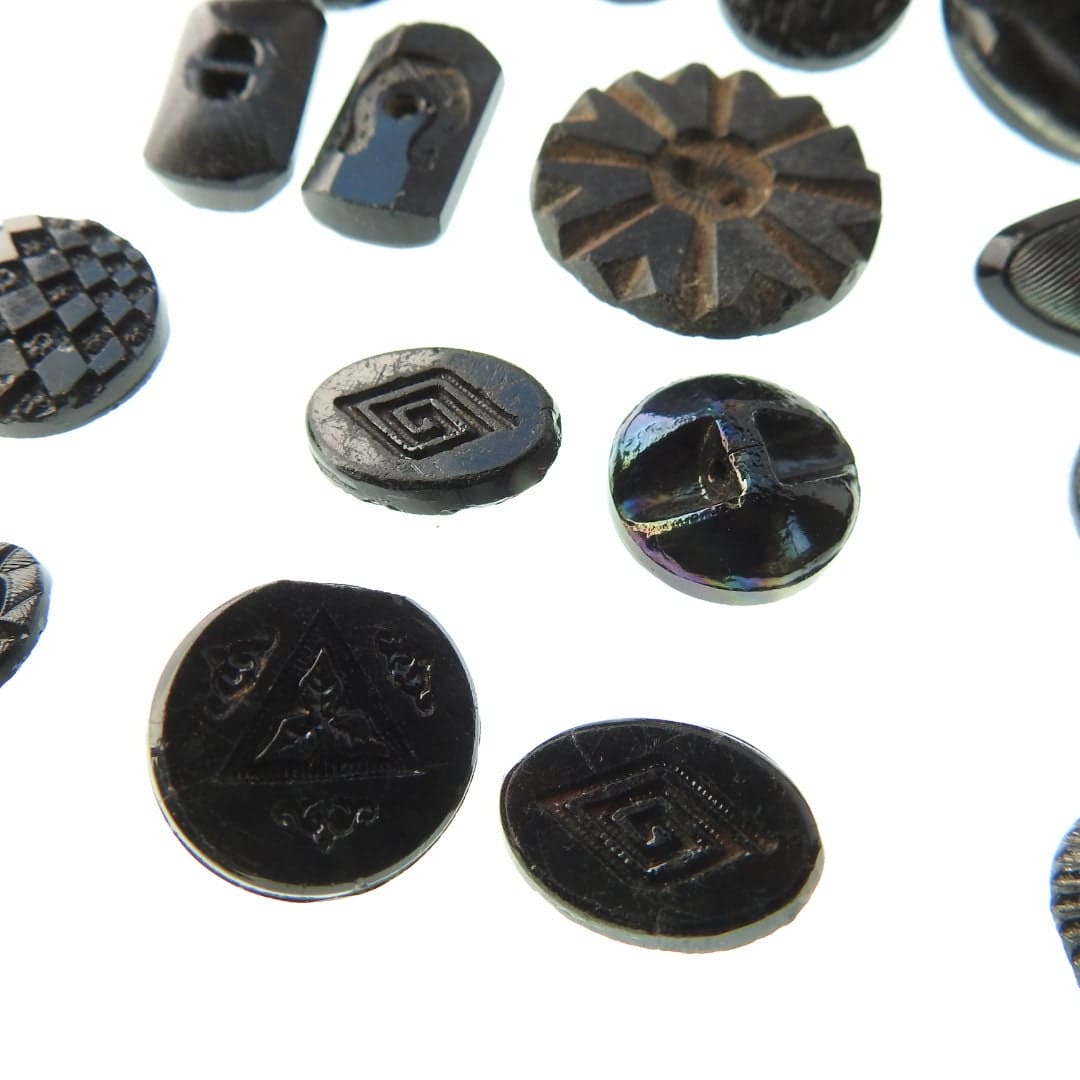 Black antique Czech glass buttons lot, with shine and luster, for sewing on clothing and jewelry. Assortment of 16 vintage buttons. 1930s