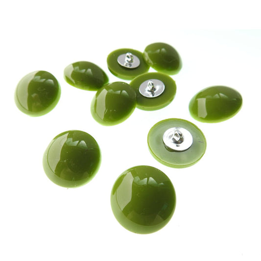 Round green buttons with shank. Olive green. For crafts and sewing on coats and dresses or knitting