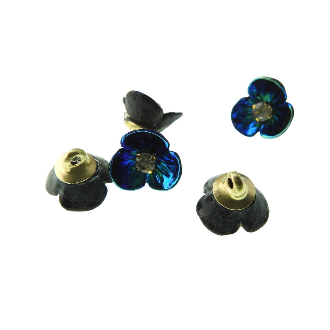 Tiny blue flower-shaped buttons with a shank for sewing and jewelry making. Floral craft components with rhinestones. Set of 5, 10 mm.