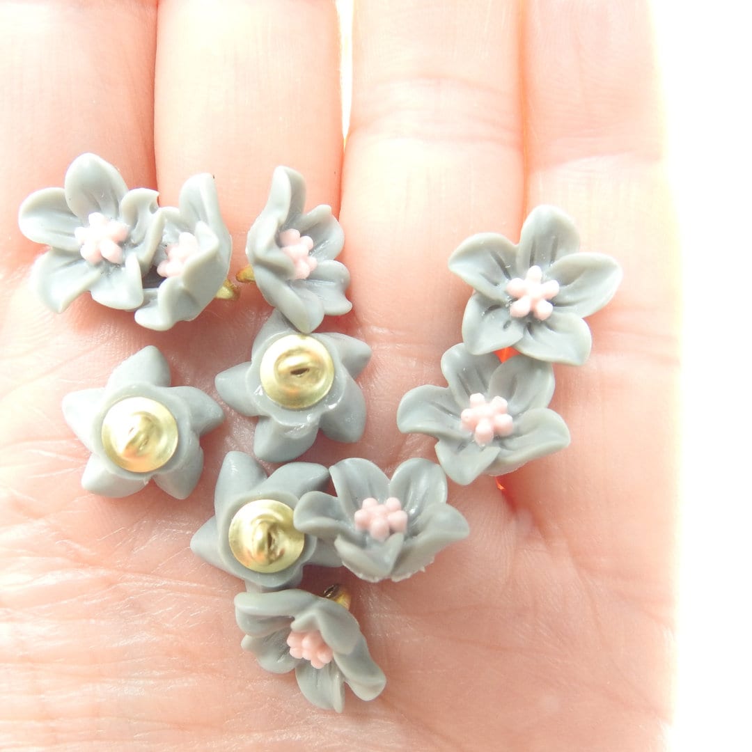Tiny flower buttons for sewing on clothes. Set of 10 novelty buttons for crafts, wedding, bridal shower party decor. Grey, pink, 10 mm