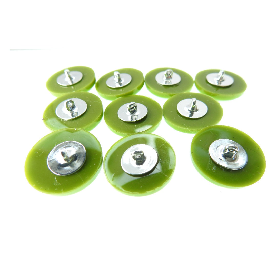 Round green buttons with shank. Olive green. For crafts and sewing on coats and dresses or knitting