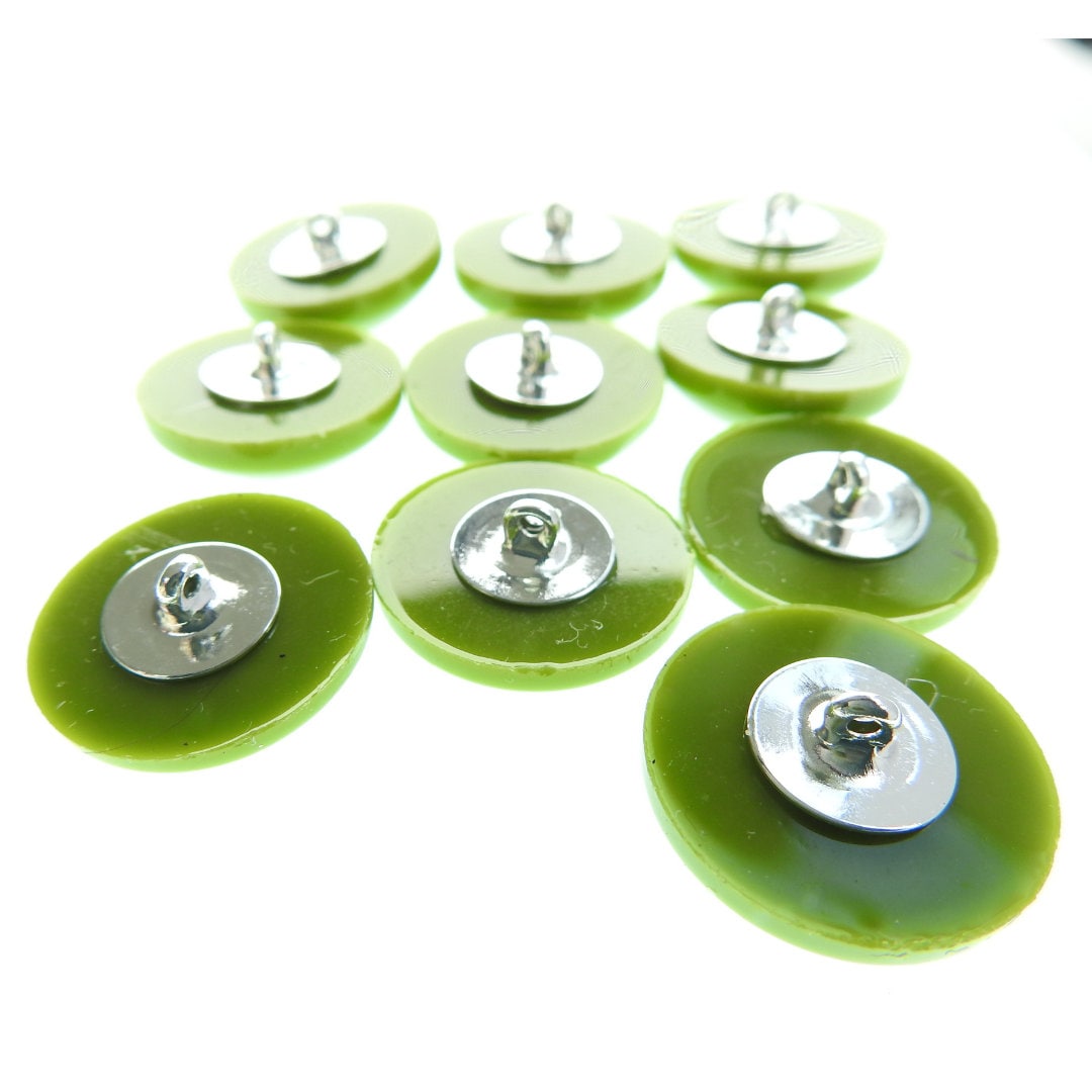 Round green buttons with shank. Olive green. For crafts and sewing on coats and dresses or knitting