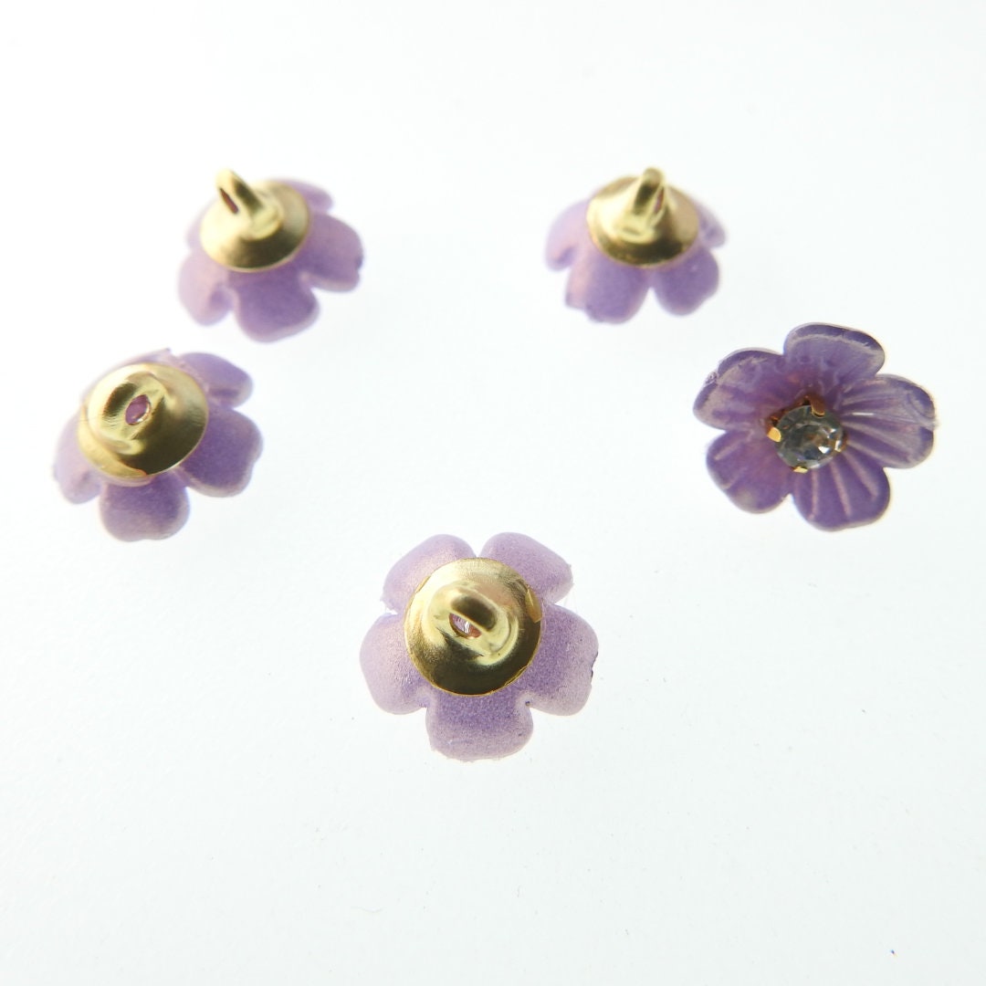 Light purple button flowers with shank with tiny rhinestones. 10 mm, lot of 5, handmade. Decorative buttons for floral embellished headband