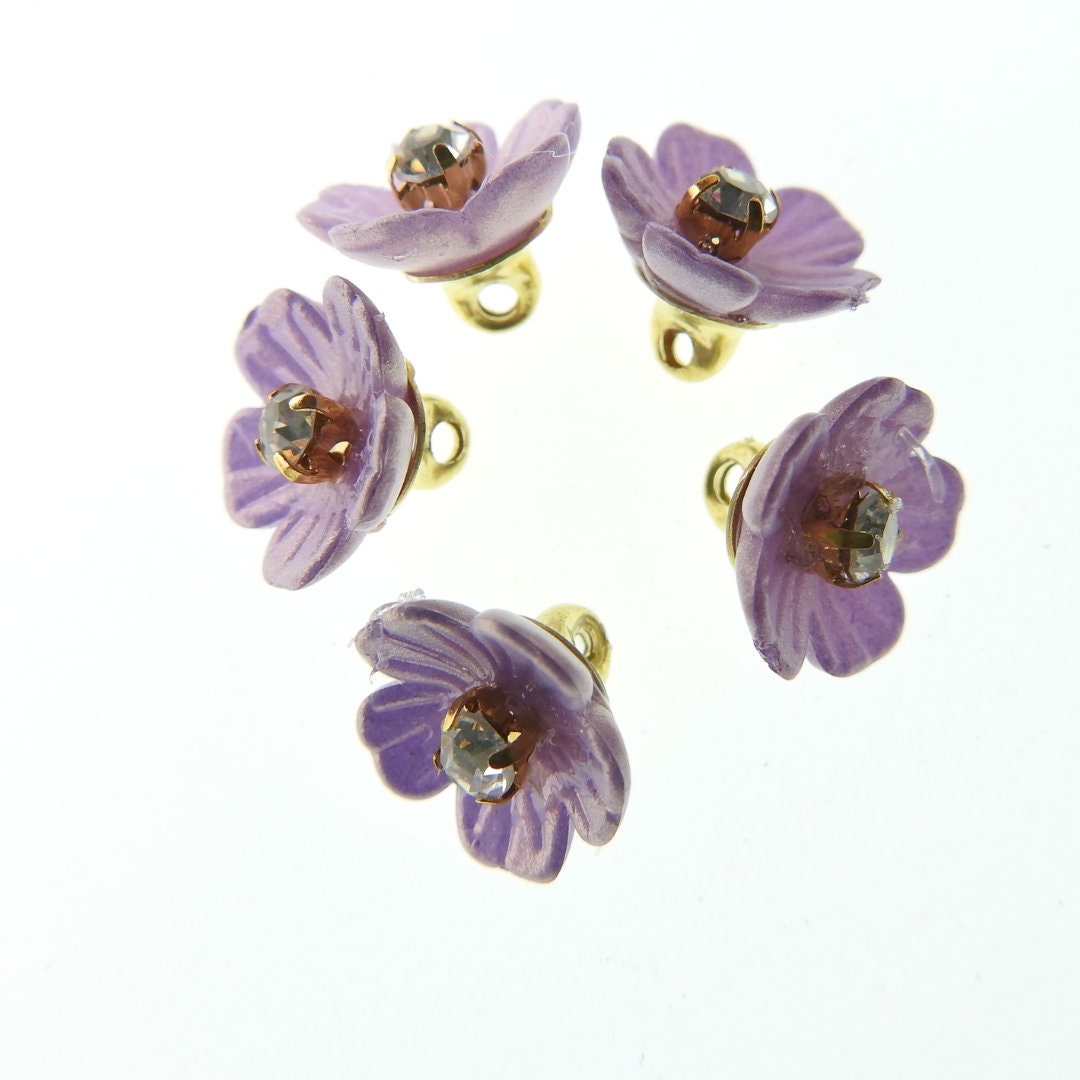 Light purple button flowers with shank with tiny rhinestones. 10 mm, lot of 5, handmade. Decorative buttons for floral embellished headband