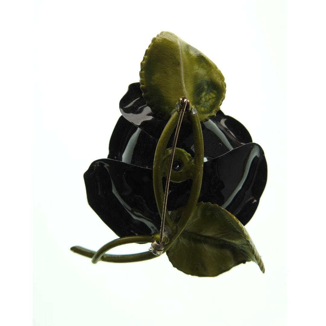 Black antique rose pin brooch. Rare and large vintage enamel flower broach. Timeless Birthday gift for wife, sister, mother or friend