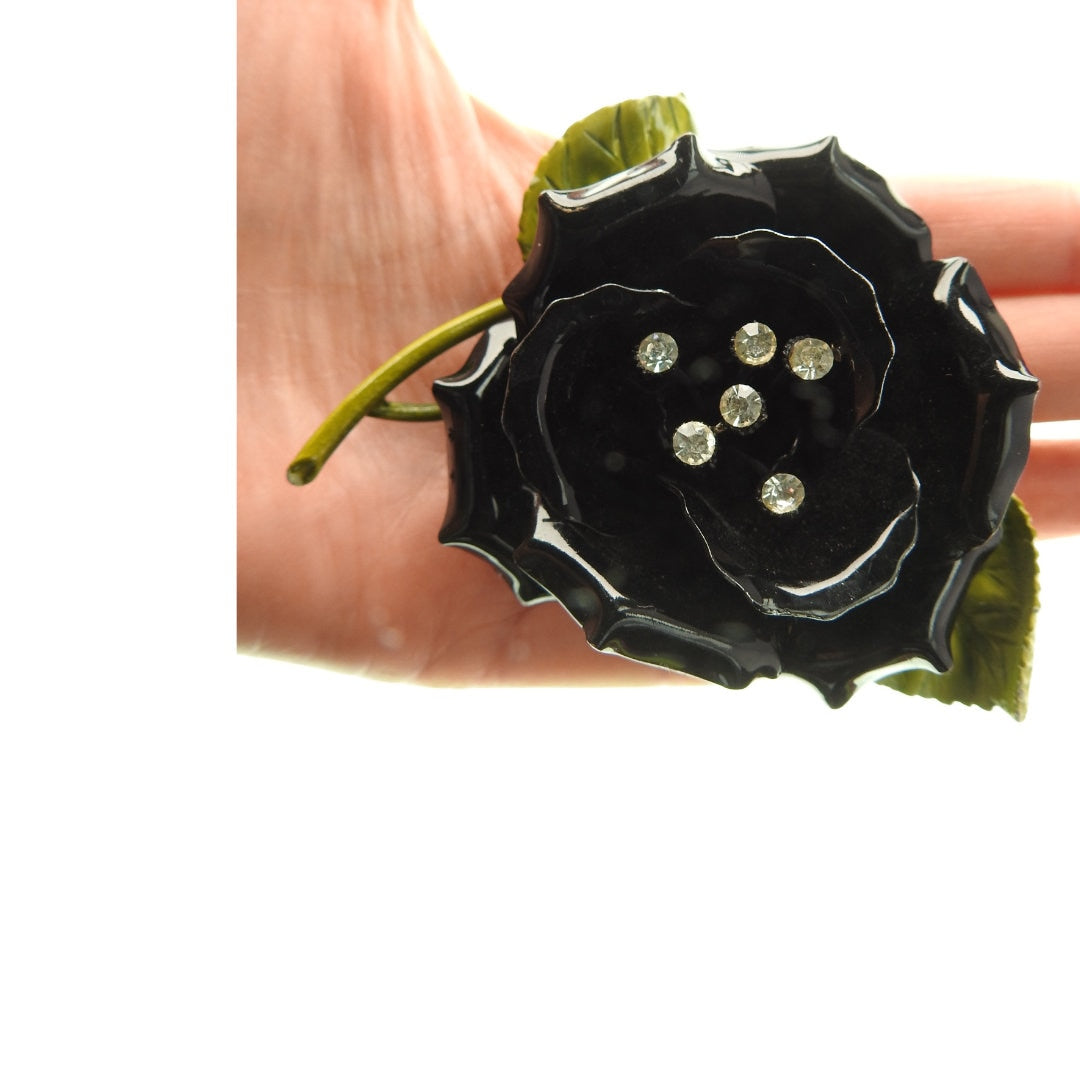 Black antique rose pin brooch. Rare and large vintage enamel flower broach. Timeless Birthday gift for wife, sister, mother or friend