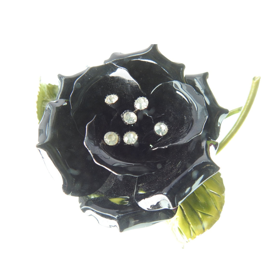 Black antique rose pin brooch. Rare and large vintage enamel flower broach. Timeless Birthday gift for wife, sister, mother or friend