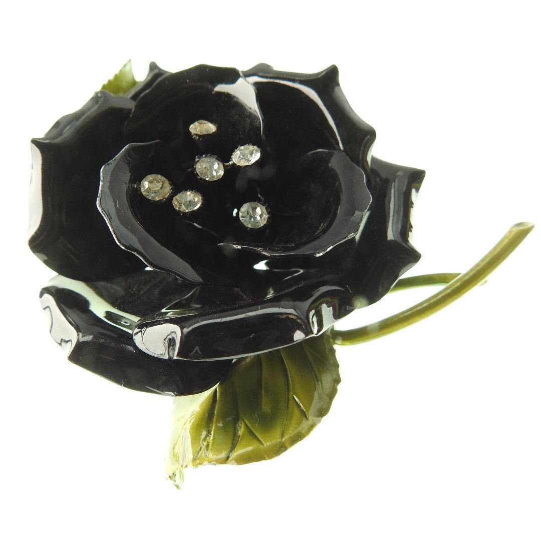 Black antique rose pin brooch. Rare and large vintage enamel flower broach. Timeless Birthday gift for wife, sister, mother or friend