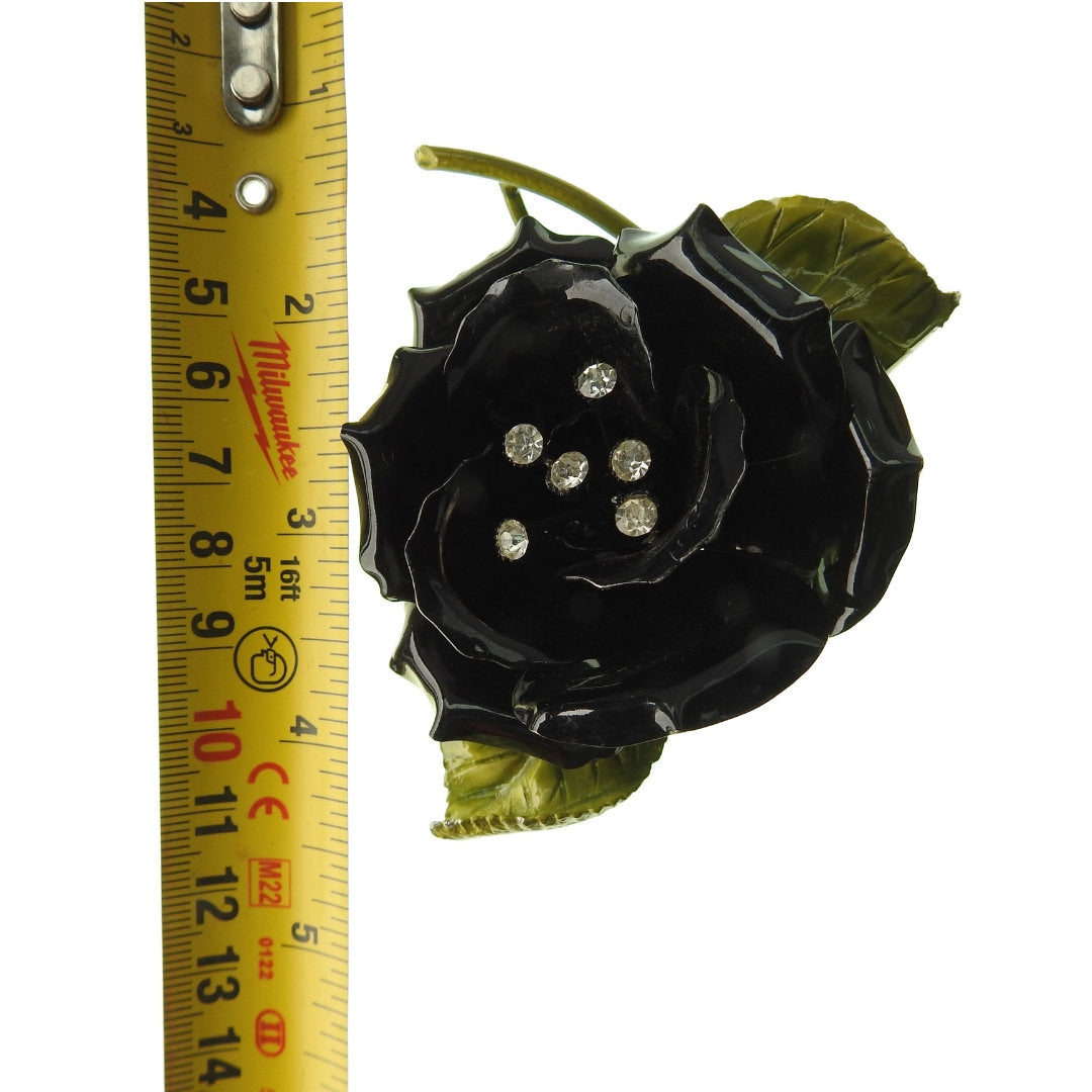 Black antique rose pin brooch. Rare and large vintage enamel flower broach. Timeless Birthday gift for wife, sister, mother or friend