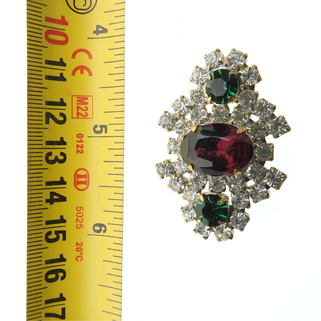 Luxury Glass Shank Button with green and red crystals. For making statement clothing - coat or jacket - or accessories - purses