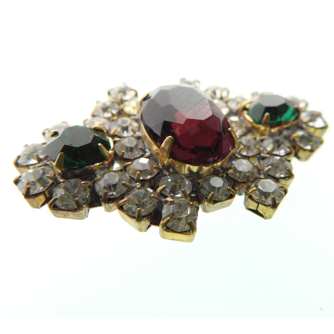 Luxury Glass Shank Button with green and red crystals. For making statement clothing - coat or jacket - or accessories - purses