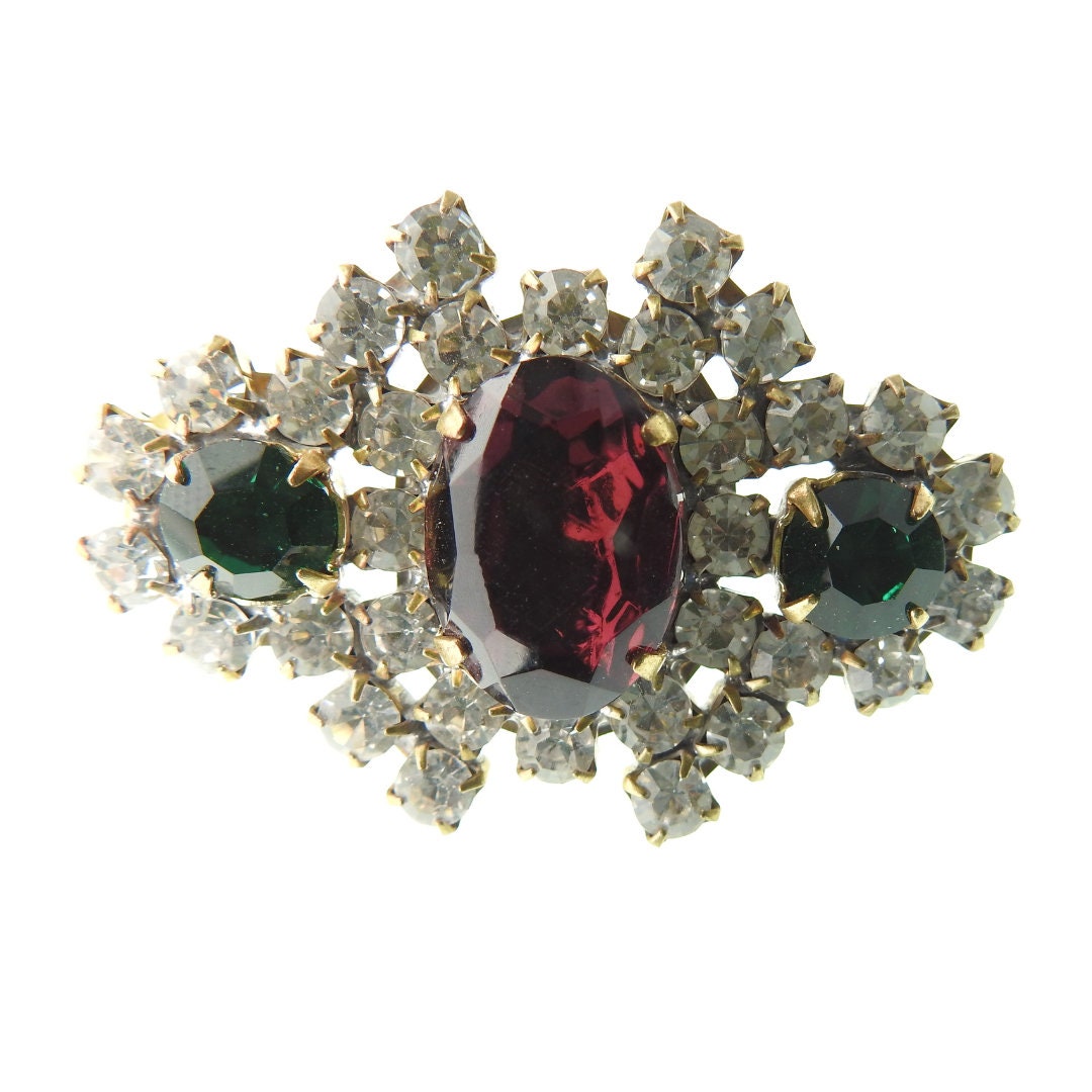 Luxury Glass Shank Button with green and red crystals. For making statement clothing - coat or jacket - or accessories - purses