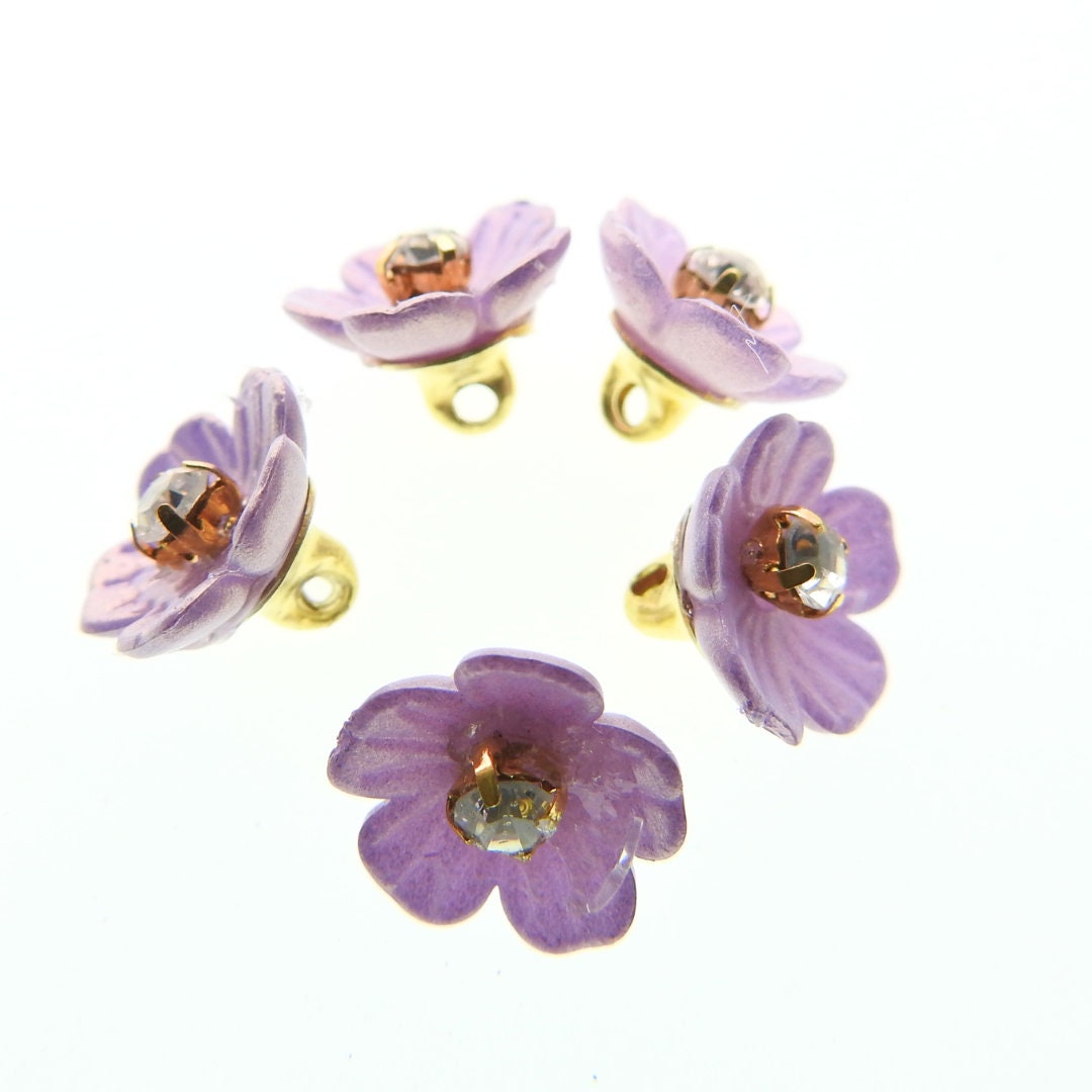 Light purple button flowers with shank with tiny rhinestones. 10 mm, lot of 5, handmade. Decorative buttons for floral embellished headband