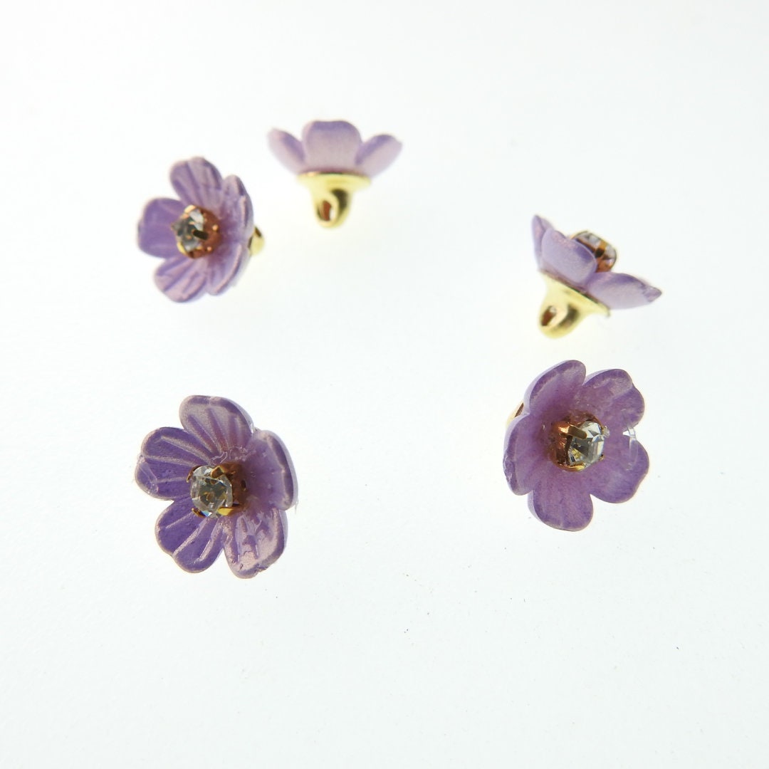 Light purple button flowers with shank with tiny rhinestones. 10 mm, lot of 5, handmade. Decorative buttons for floral embellished headband