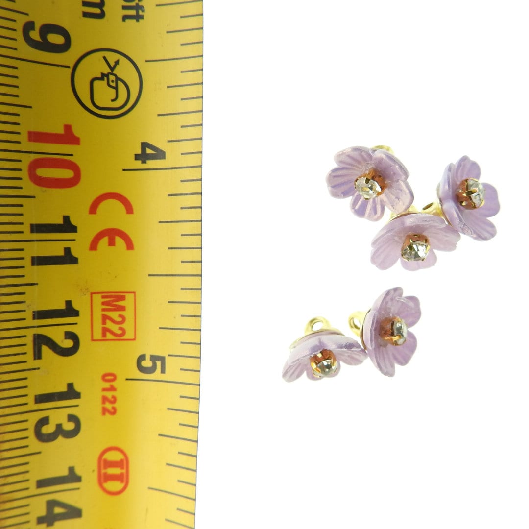 Light purple button flowers with shank with tiny rhinestones. 10 mm, lot of 5, handmade. Decorative buttons for floral embellished headband