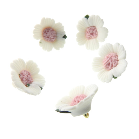 Pink white ceramic buttons, daisy flower shape, and 3 dimensional. For stitching, knitting or sewing on clothes and jewelry. Set of 5, 17 mm