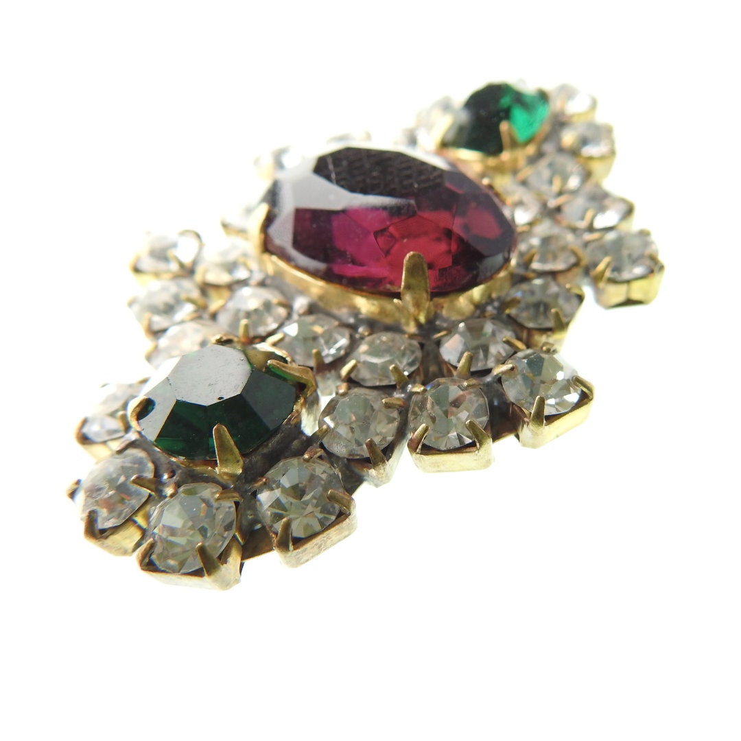 Luxury Glass Shank Button with green and red crystals. For making statement clothing - coat or jacket - or accessories - purses