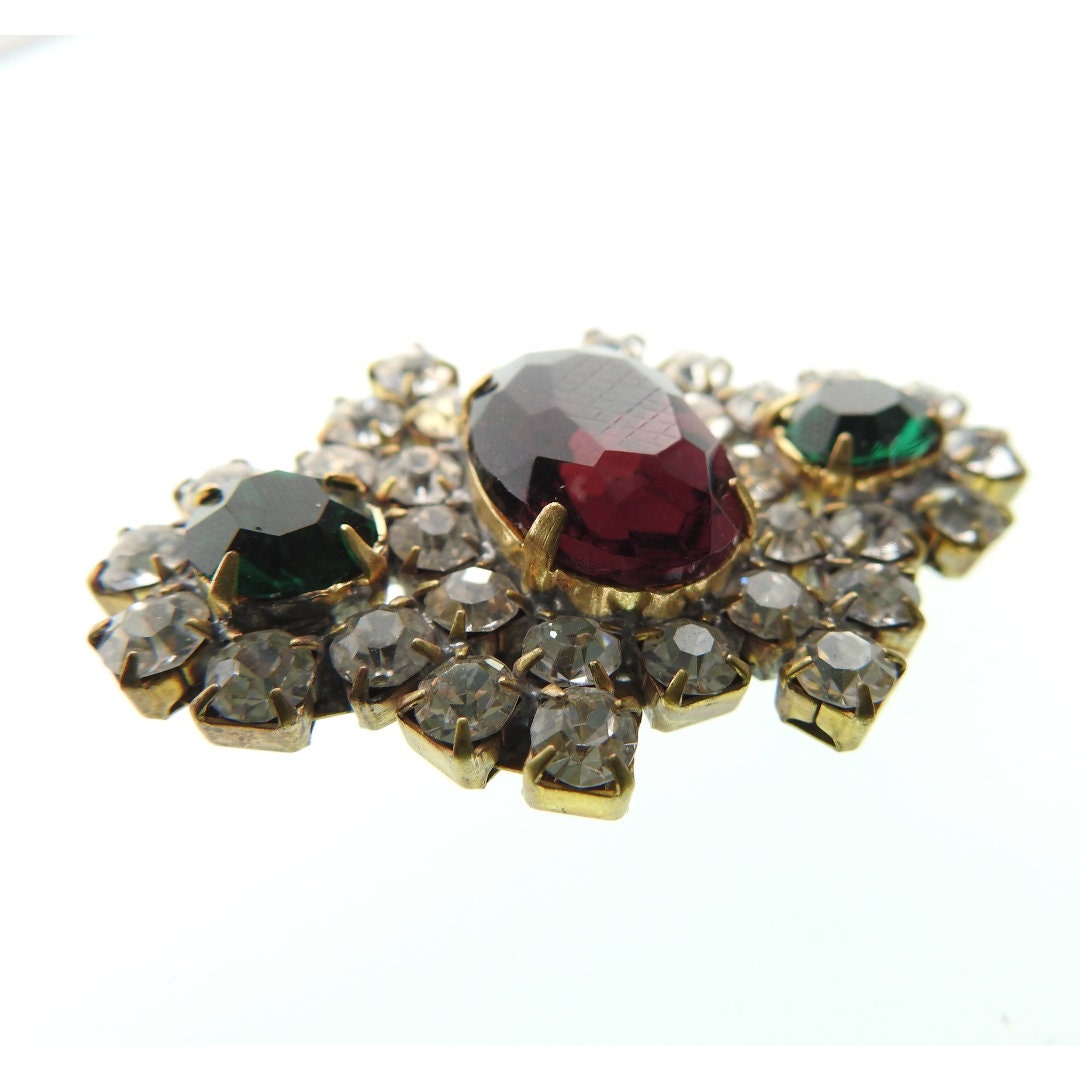 Luxury Glass Shank Button with green and red crystals. For making statement clothing - coat or jacket - or accessories - purses