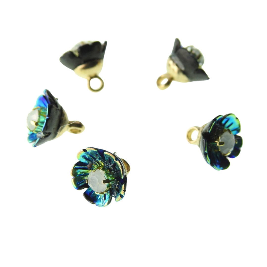 Small blue fancy flower-shaped buttons for sewing and crafts. 10 mm