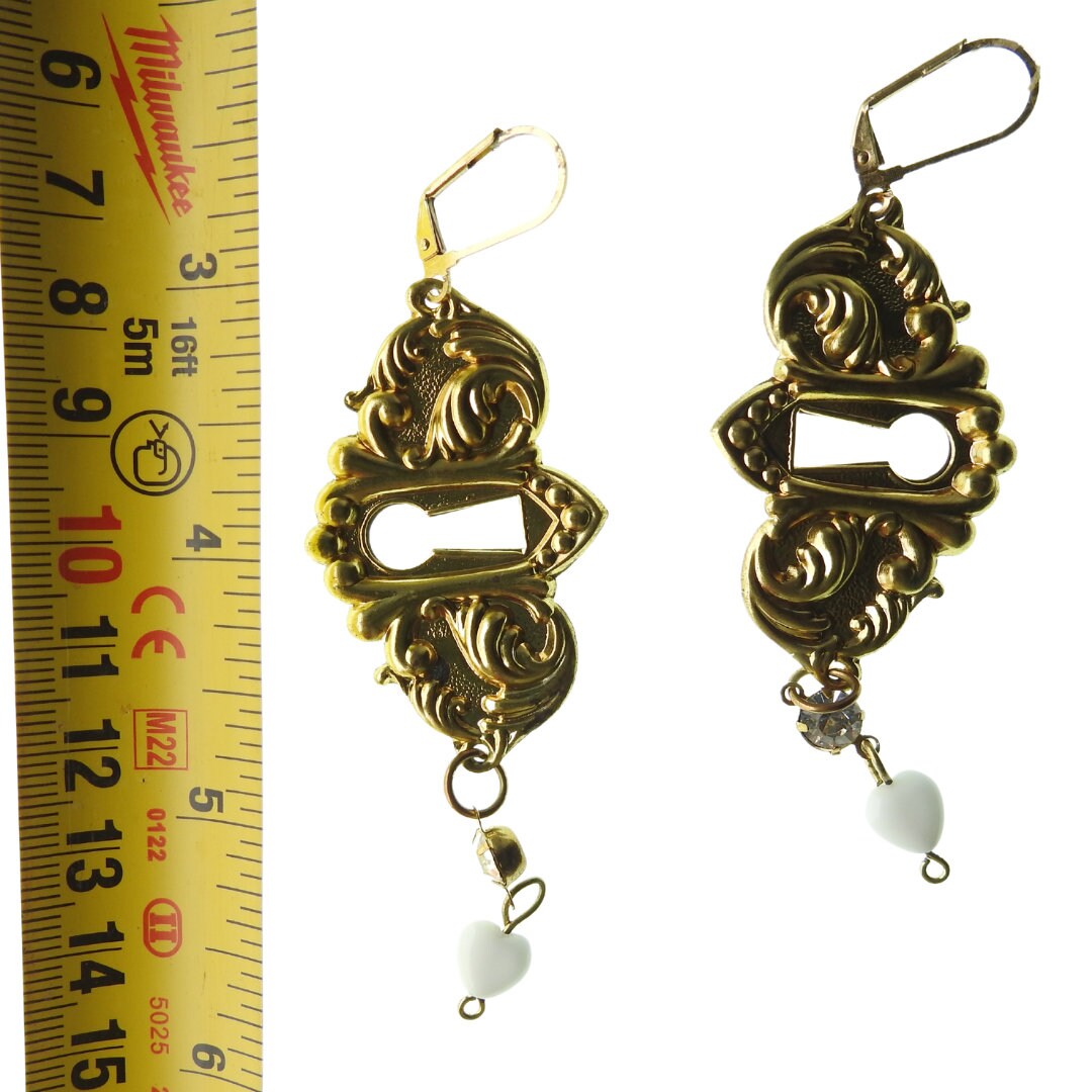 Handmade Antique Keyhole Chandelier Earrings with Rhinestone Connectors - Vintage Style Leverback Dangle Earrings. Best gift ideas or her