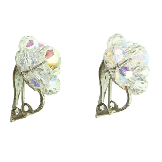 Vintage Clip-On Earrings with Faceted Shimmering Clear Crystal Beads. Perfect Retro Gift for Mom, Sister. Unique Flower Design